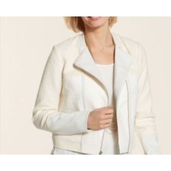 Chico's NWT defects Asymmetrical Moto Jacket Ivory Wheat Fabric Mix sz 1 M - Picture 1 of 12